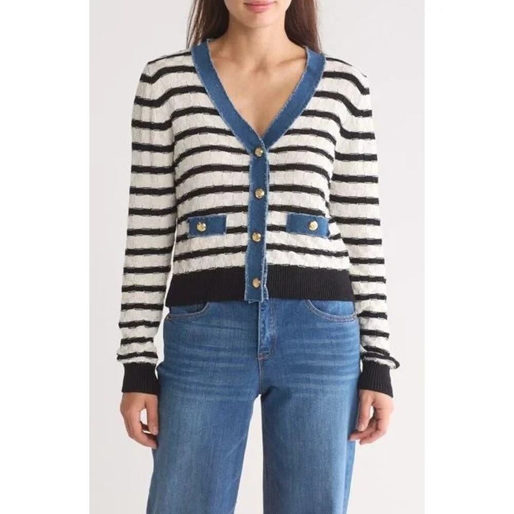 Laundry Shelli Segal Cardigan Striped Knit Gold Buttons Cropped Sweater Women S